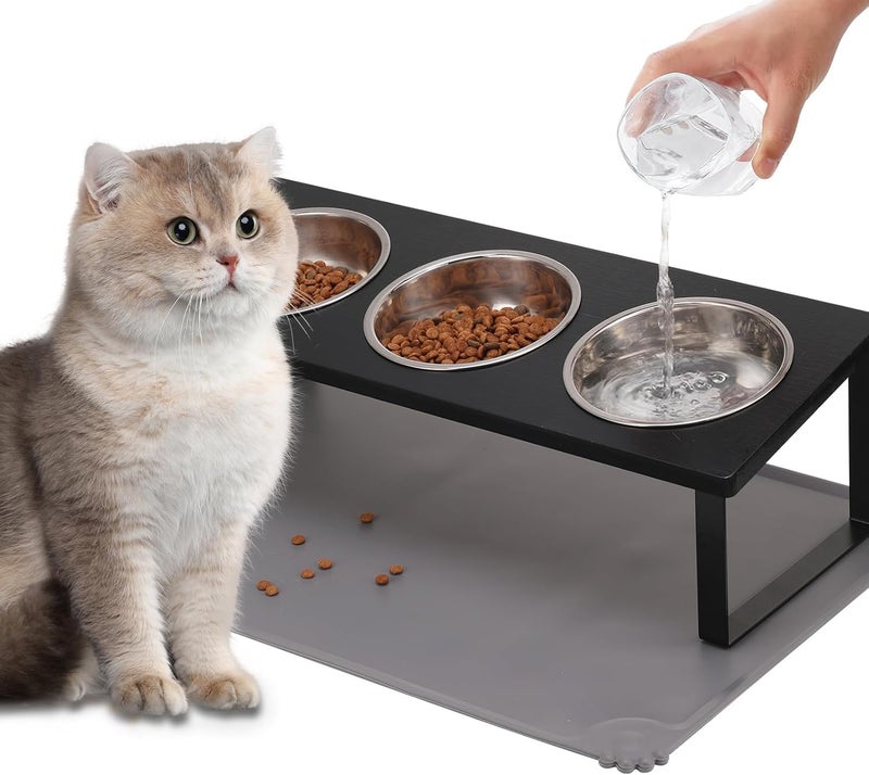 Summark Upgraded Elevated Cat Bowls with Food Mat,15°Tilted Stand Anti Vomiting Raised Cat Dishes for Food and Water,3 Stainless Steel Bowls for Cats and Puppy（Black） - Image 1
